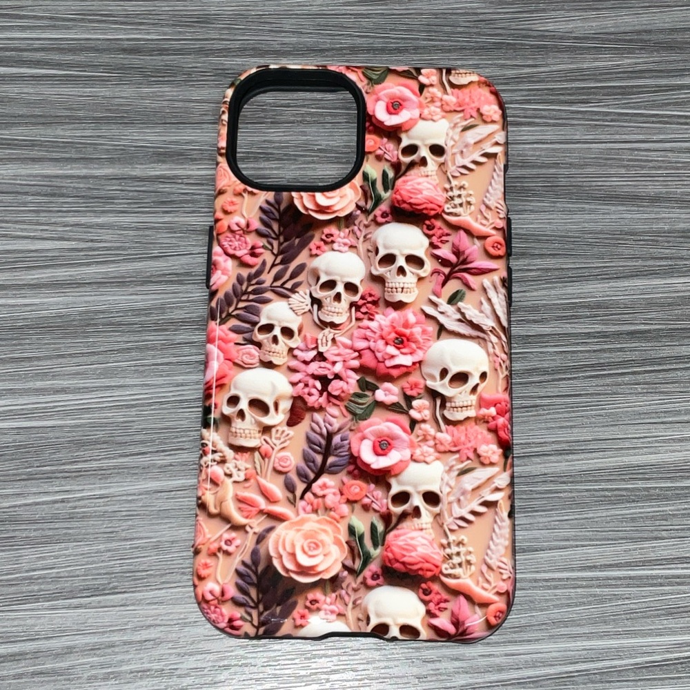 iPhone 14 - Pink Floral Skull iPhone Case  - Protective Decorative Cover
